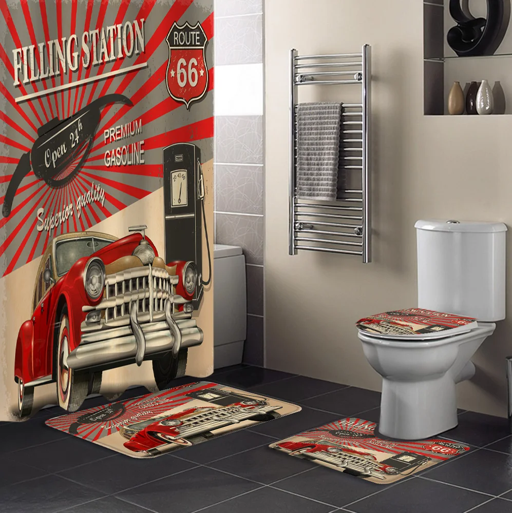 Retro Car Poster Route 66 Shower Curtain Sets Non-Slip Rugs Toilet Lid Cover and Bath Mat Waterproof Bathroom Curtains