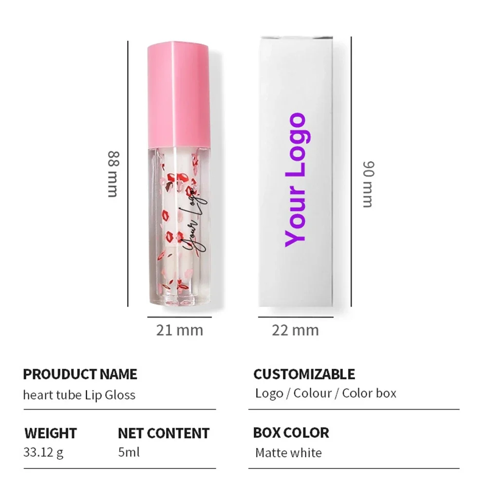 Etichetta privata 5ml Tubo a forma di cuore Olio per labbra Logo personalizzato Pigmento Trucco antiaderente a lunga durata Non sbiadito Commercio all'ingrosso Cruelty Free