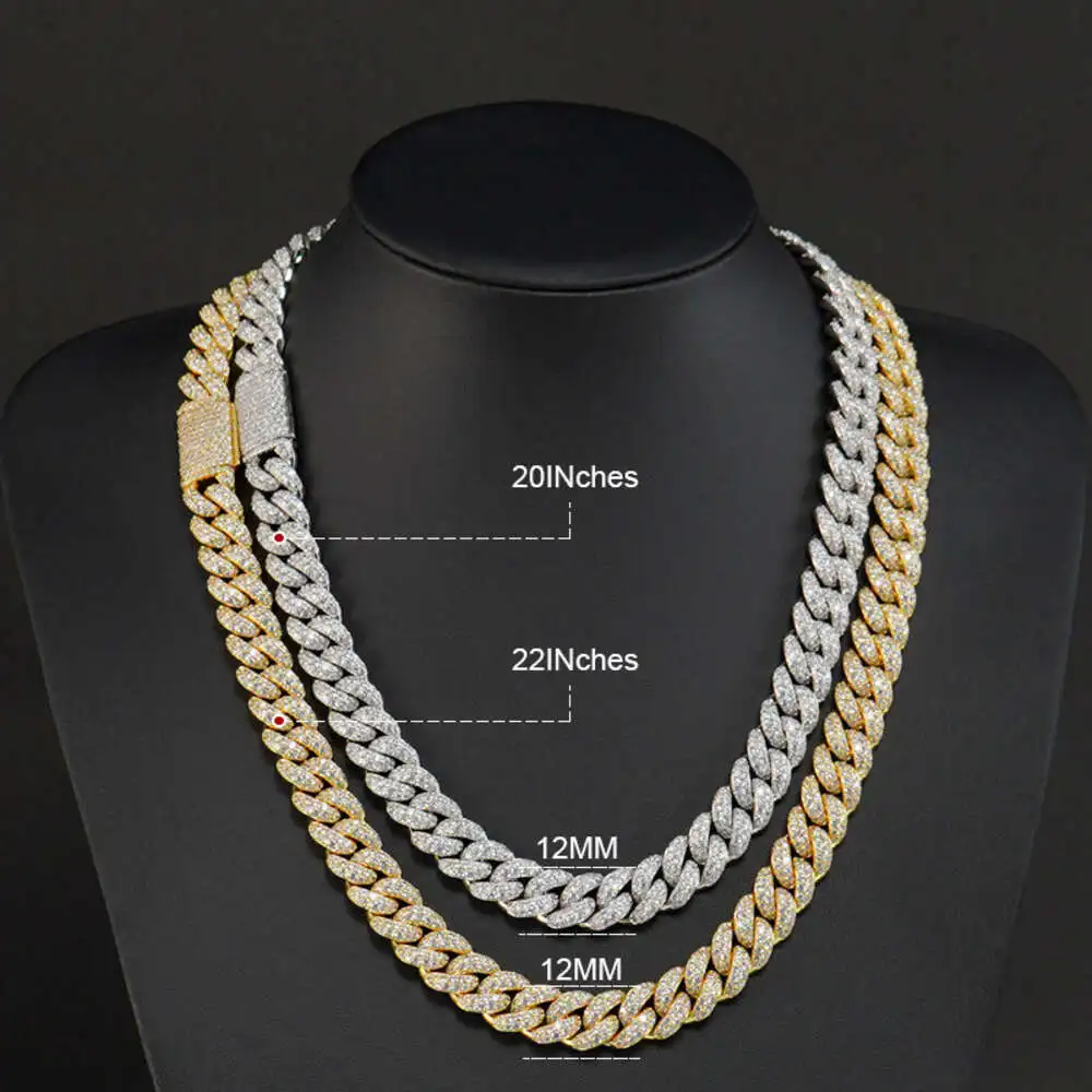 Iced Out Gold Plated Silver 925 12mm Micro Pave Vvs Moissanite Miami Cuban Chain and Bracelet Set Moissanite Men