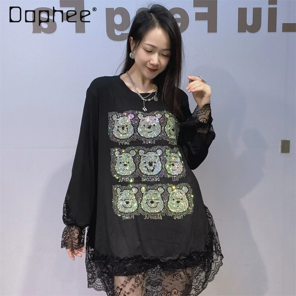 

Women's Loose Long Sleeve Top Spring Autumn New Lace Patchwork Rhinestone Round Neck Trendy Brand Tee