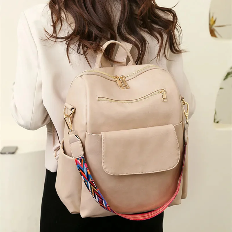 Vintage Large Capacity Women's Backpack PU Leather Travel Casual Female Shoulder Bag Fashion School Bags For Girls