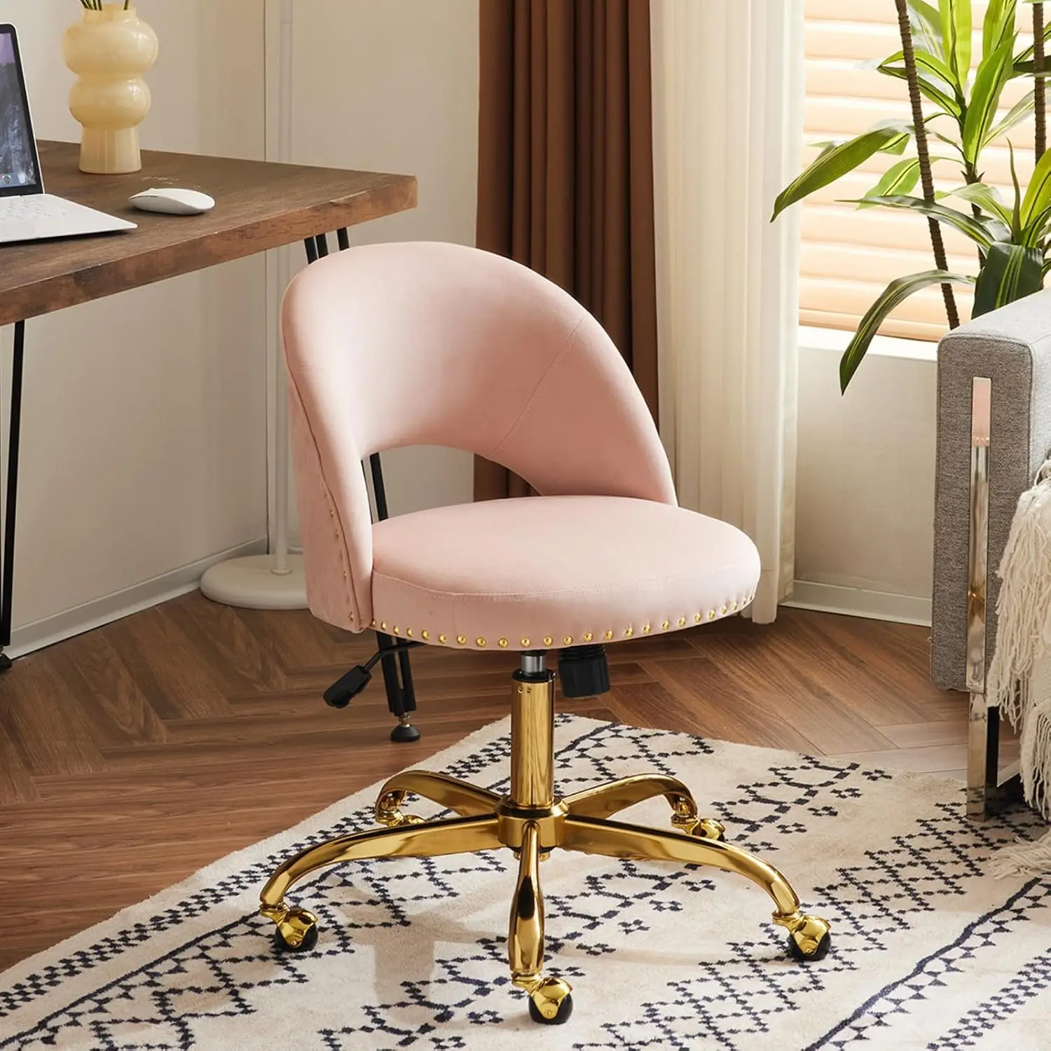 Modern Velvet Small Office Chair,Cute Desk Chair with Wheels,Gold Base/Studs, Comfy Armless Swivel Vanity Task Chair for Women
