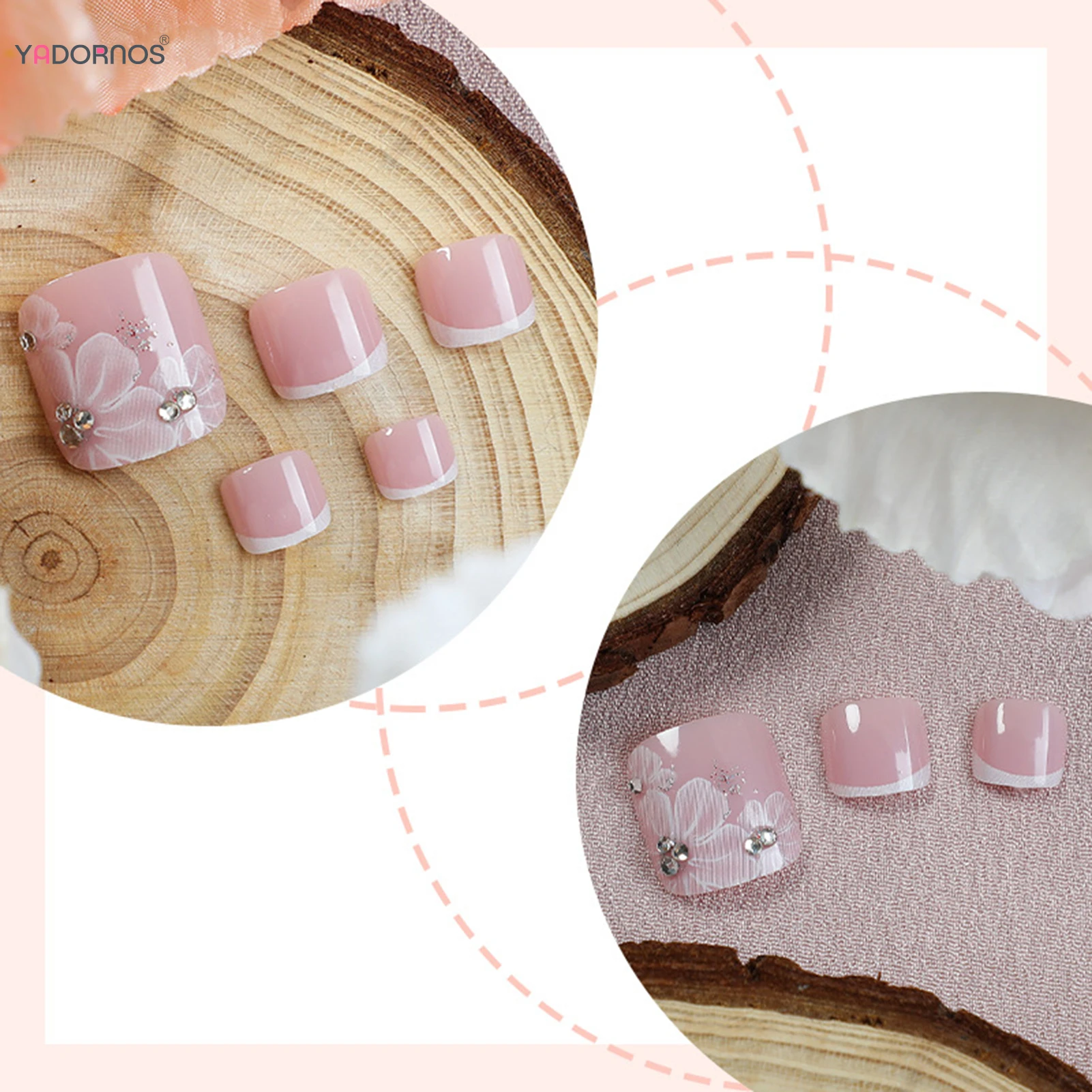 24개 여름용 프레스온 발톱 누드 컬러 화이트 프렌치 팁 가짜 발톱 꽃무늬 다이아몬드 디자인 풀커버 인조 발톱