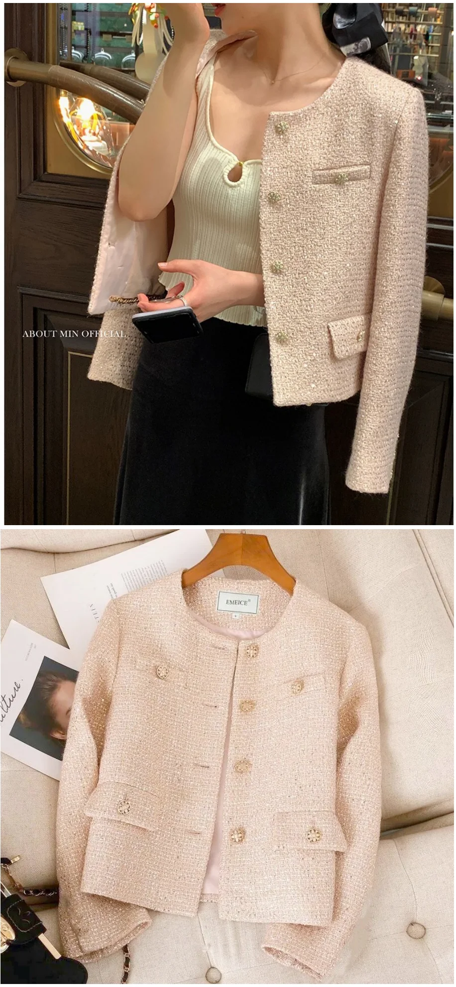 Modischer Kurzer Mantel im Kleinen-Duft-Stil für Damen, Frühling und Herbst, Neuer Eleganter Französischer Kurzer Blazer, Schlanker Lässiger Tweed-Top Y2K – Detail 3