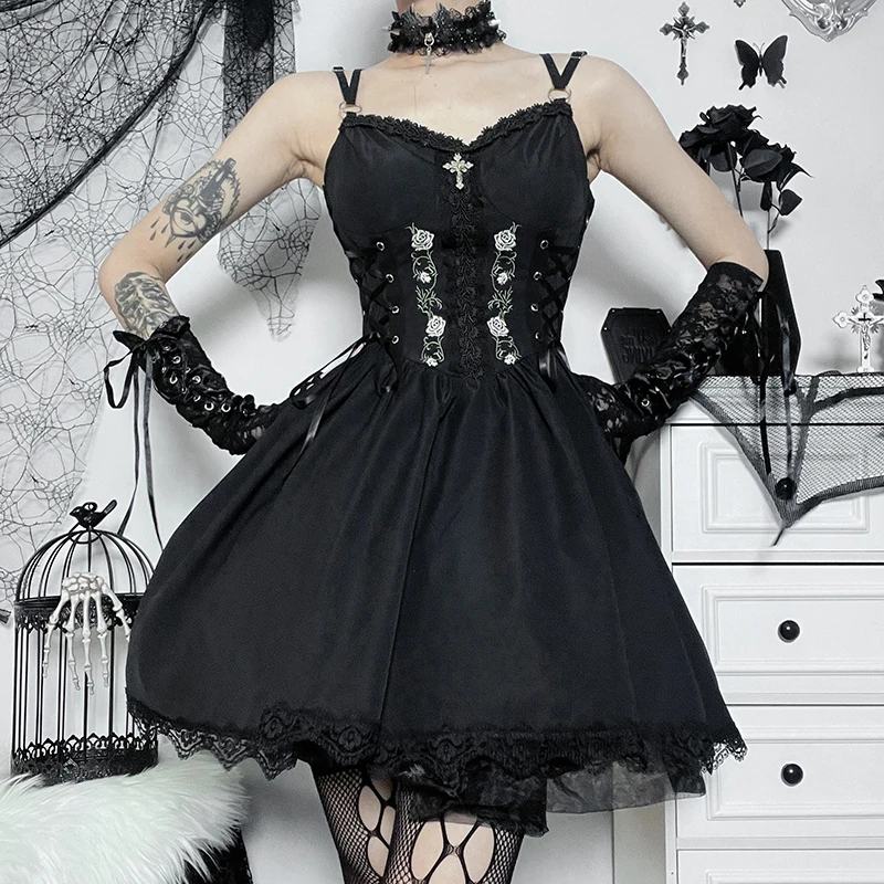 Gothic Women Dress Sleeveless Lace Black Bodycon Mini Dresses 2024 Y2K Grunge Punk Haraiuku Lolita Fairy Core Halloween Clothes