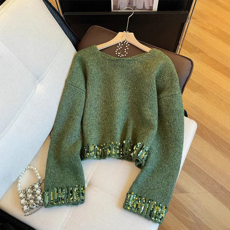 Sequin Knit Sweater V Neck Long Sleeve Loose Fit Shiny Glitter Holiday Party Clubwear Fall Winter Fashion Outerwear Pullover Top