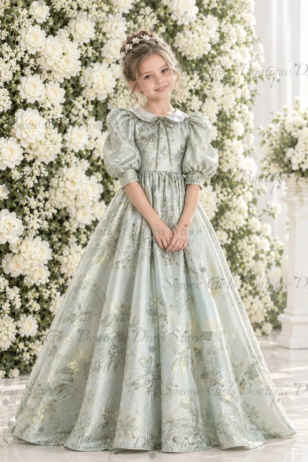 Wholesale Girls Princess Green Girl Gown Neck Puff Sleeve Flower Girl Dress for Wedding Kids Floral Birthday Party Gown Custom