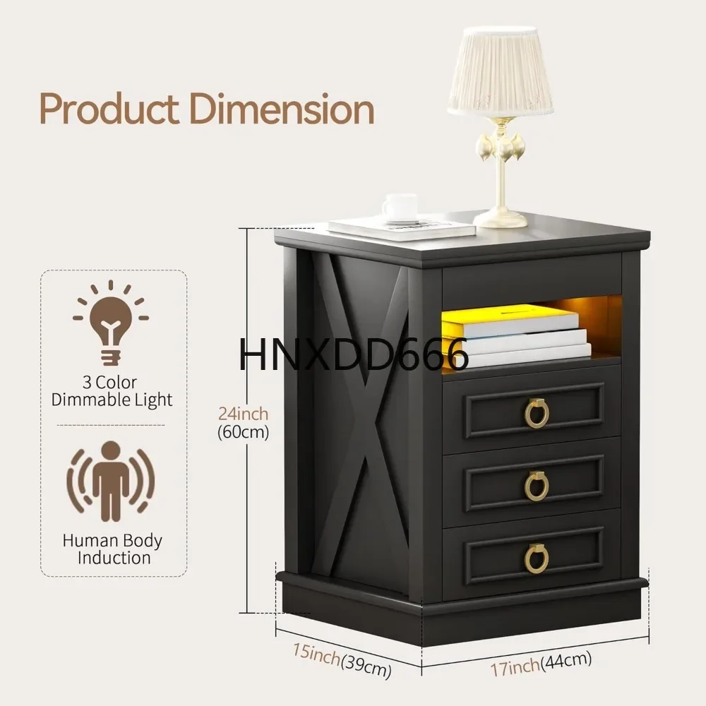 Gun Drawer Set of 2, Human Sensor LED Bedside Table with LED Lights & Charging Station, with 3 Drawers, Nightstands