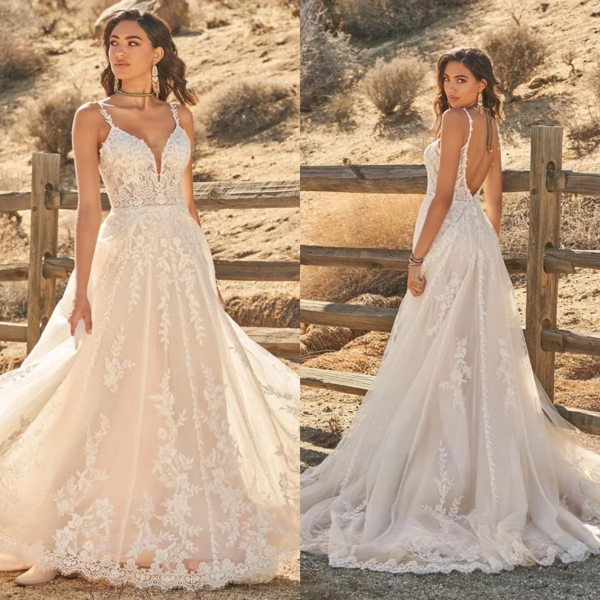 

Customized Elegant Women's A-line Wedding Dress Deep V-neck Sleeveless Straps Lace Stickers Flower Dew Back Vestido De Novia