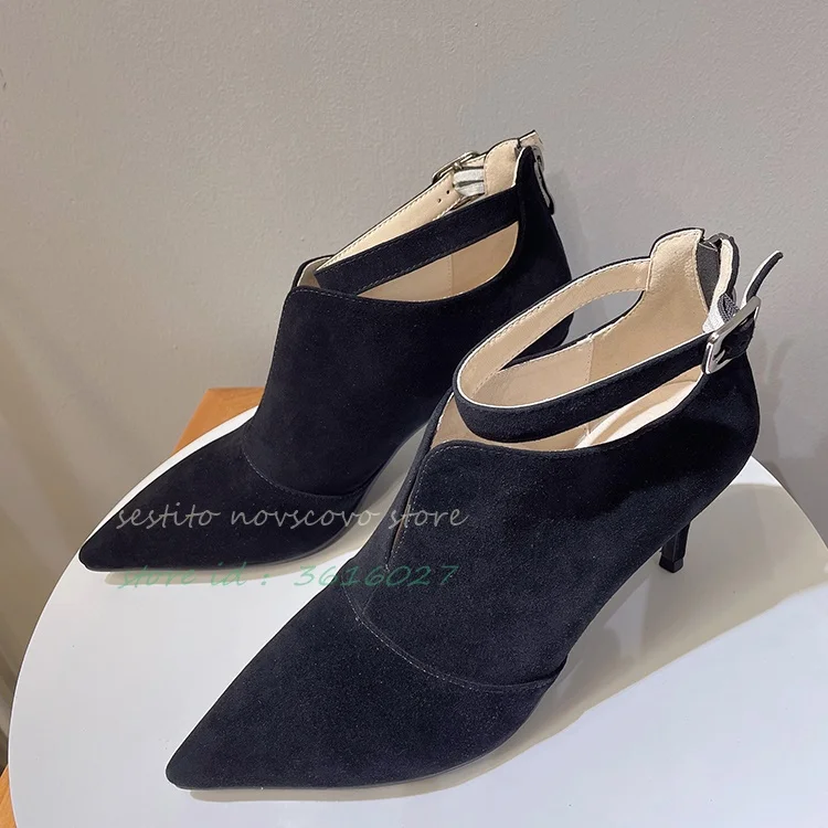 Pointed Toe Black Suede Ankle Boots V Collar Back Zip High Heels Sandals Booties Ankle Strap Buckle Sexy Ladies Dress Daily Shoe
