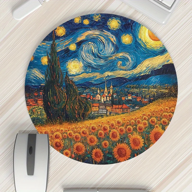 Starry Night Sunflower Round Mouse Pad Anti Slip Desk Mat Office Desk Accessories Rug Mouse Mat Gaming Set Up Mousepad