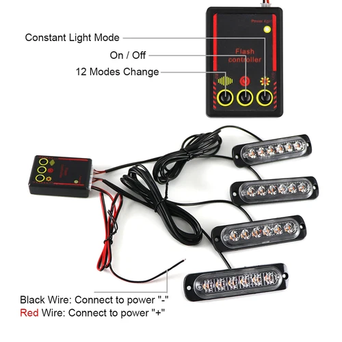 Imagen 2 del producto Iluminación de rejilla delantera de coche 4 en 1, luces LED de advertencia estroboscópicas de emergencia para policía, baliza Flash de bombero, lámpara de señal amarilla y blanca de 12V