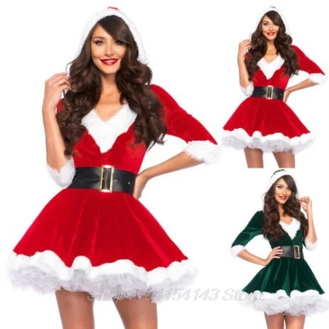 Women Mrs Santa Claus Costume Dress Velvet Hooded Lace Dress with Faux Fur Hem Christmas Party New Year Outfits Gifts