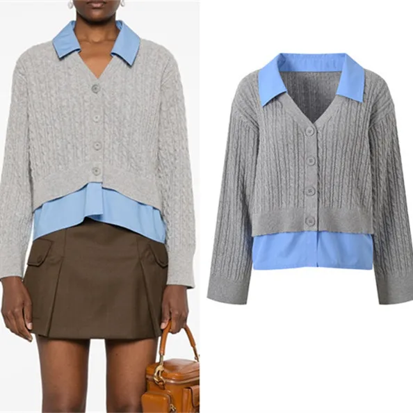 

Высококачественная версия Faionable Patchwork irt Collar Bell Sve Вязаный свитер Открытый кардиган ort Sle Женский топ
