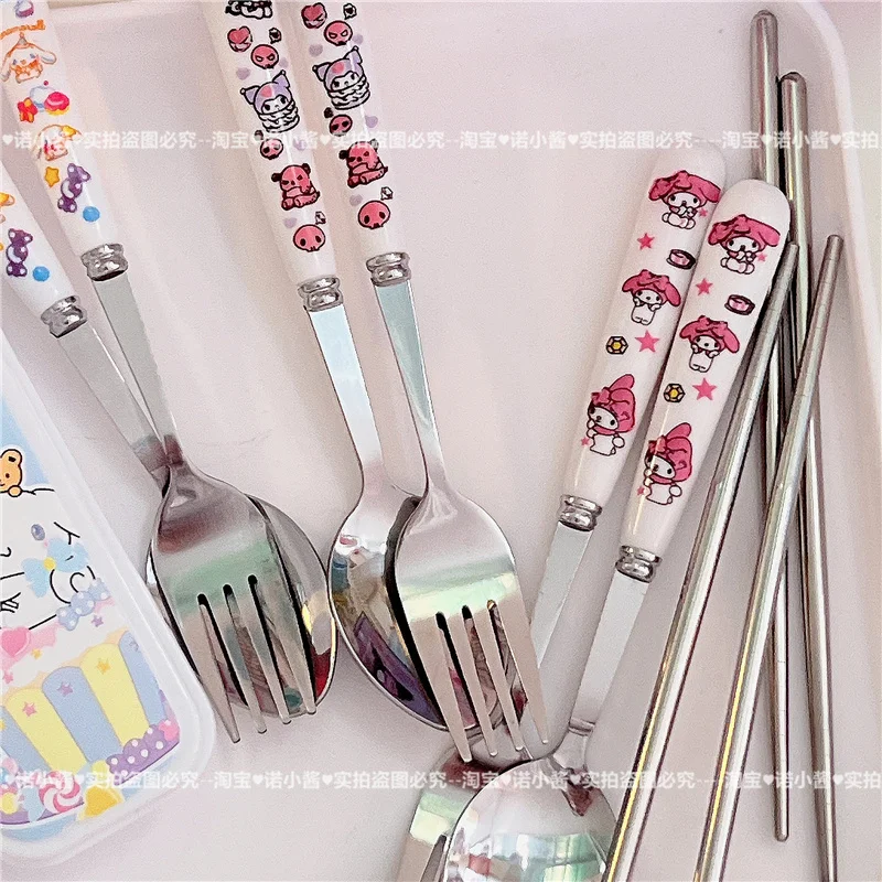 2/3PCS Kawaii Sanrio My Melody Cinnamoroll Kuromi Cutlery Set Cartoon Chopsticks Spoon Fork Set Portable Tableware Storage Box