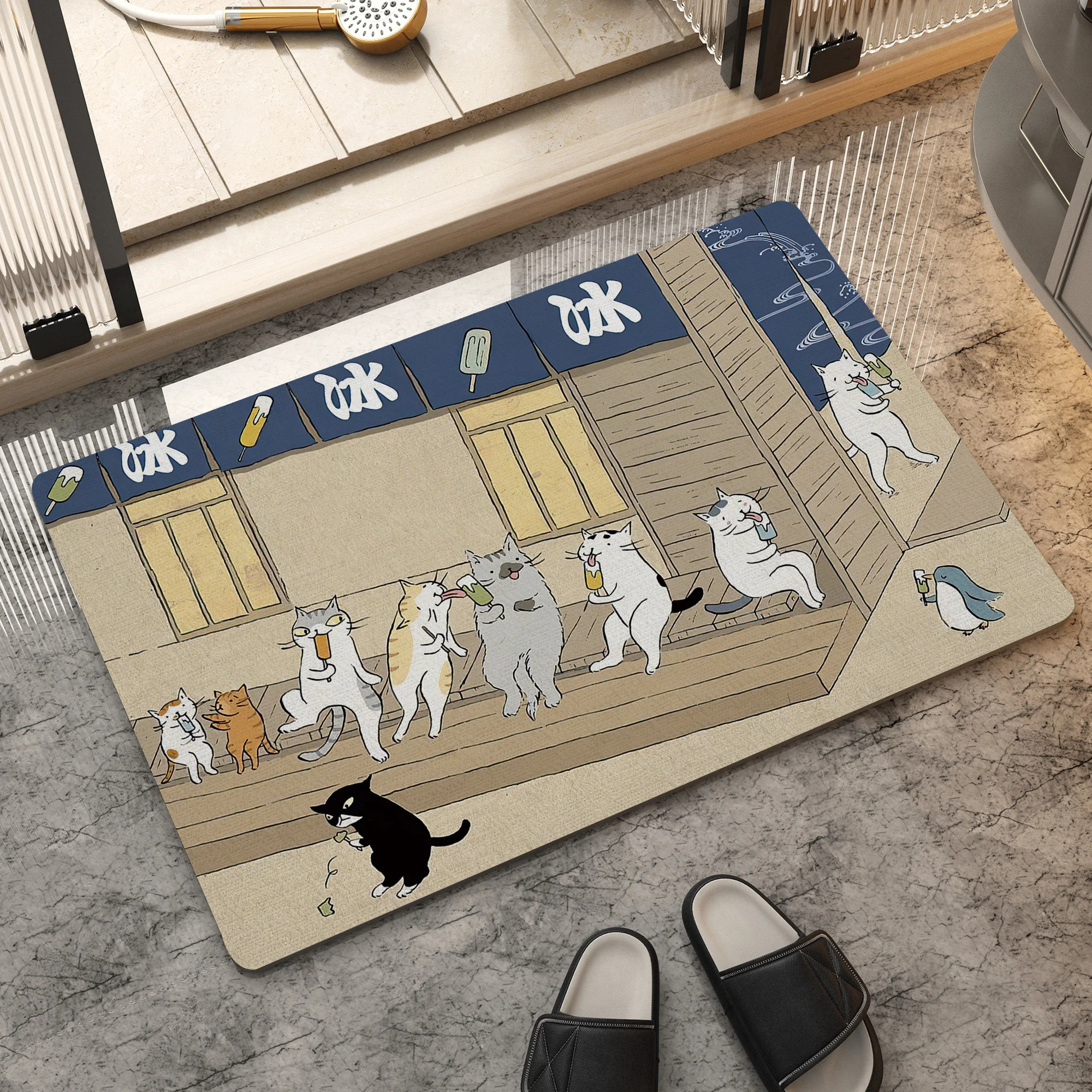 VIKAMA Katong Chinese Cat Diatom Mud Decorative Carpet, Anti-Slip And Water-Absorbing, Entrance Hall, Bathroom And Home Decor