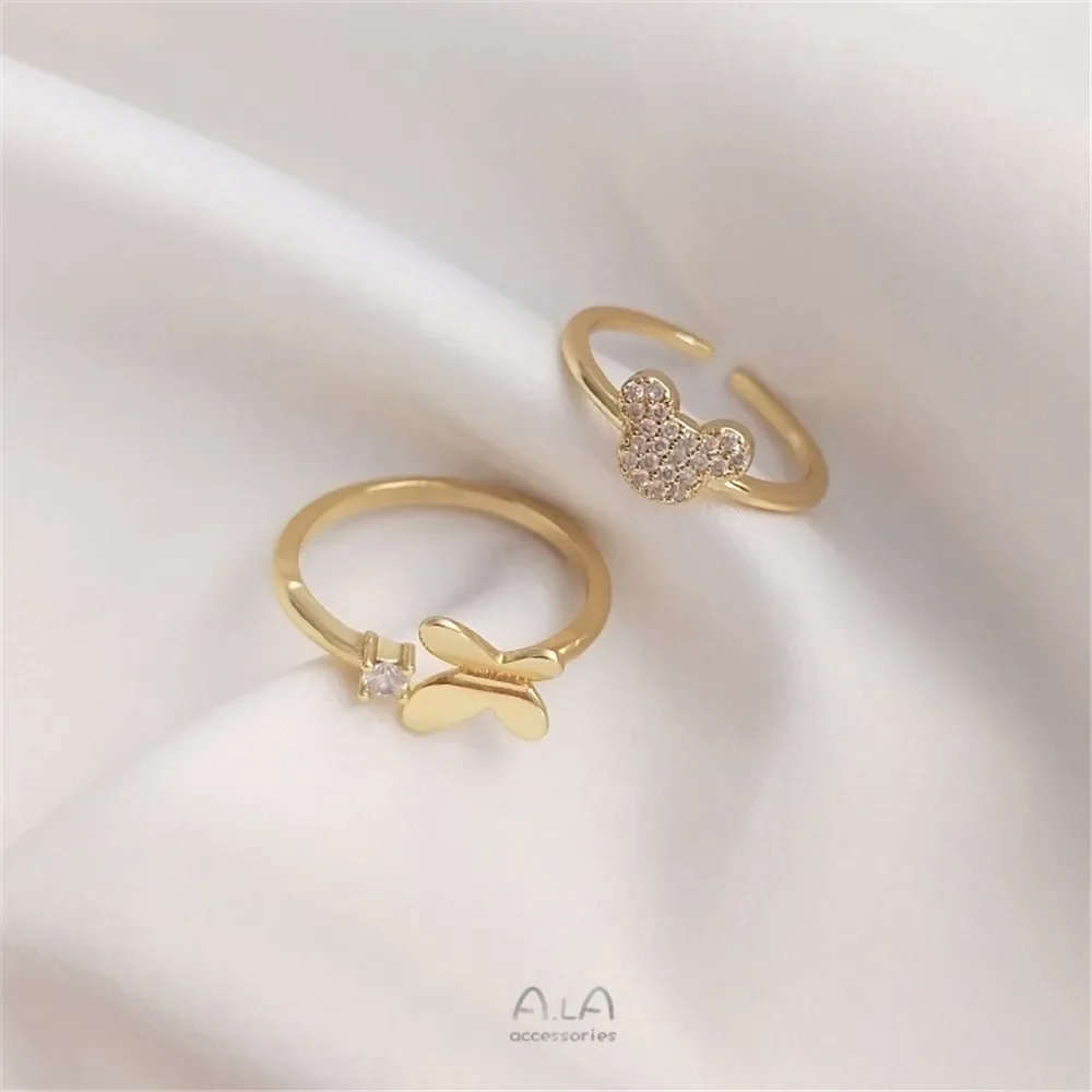 

14K plated gold Inlaid zircon bow leaf ring fashion light luxury high sense net red tide opening ring