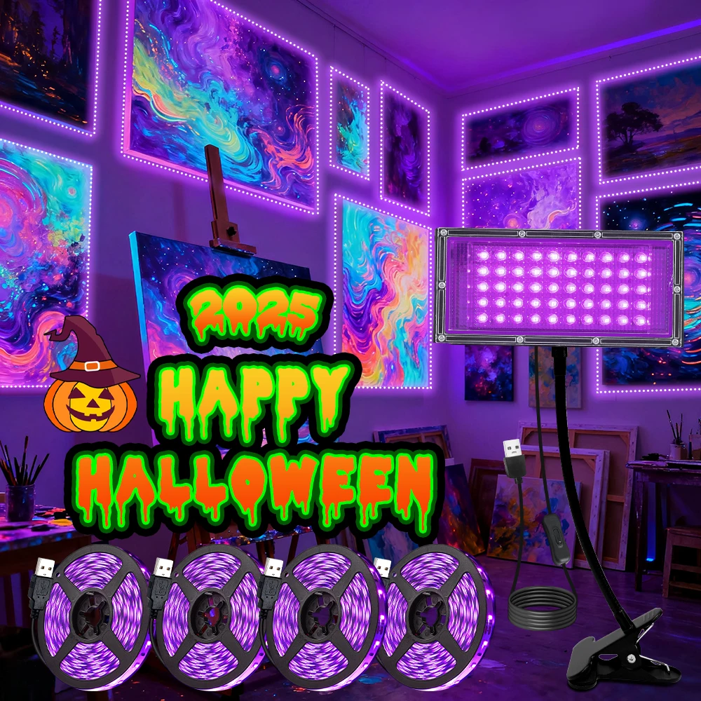 

50-LED Black Light & 4×2.5m Strip Lights Set, 5V USB, Multi-Angle, for Parties, Art Exhibitions & Resin Curing