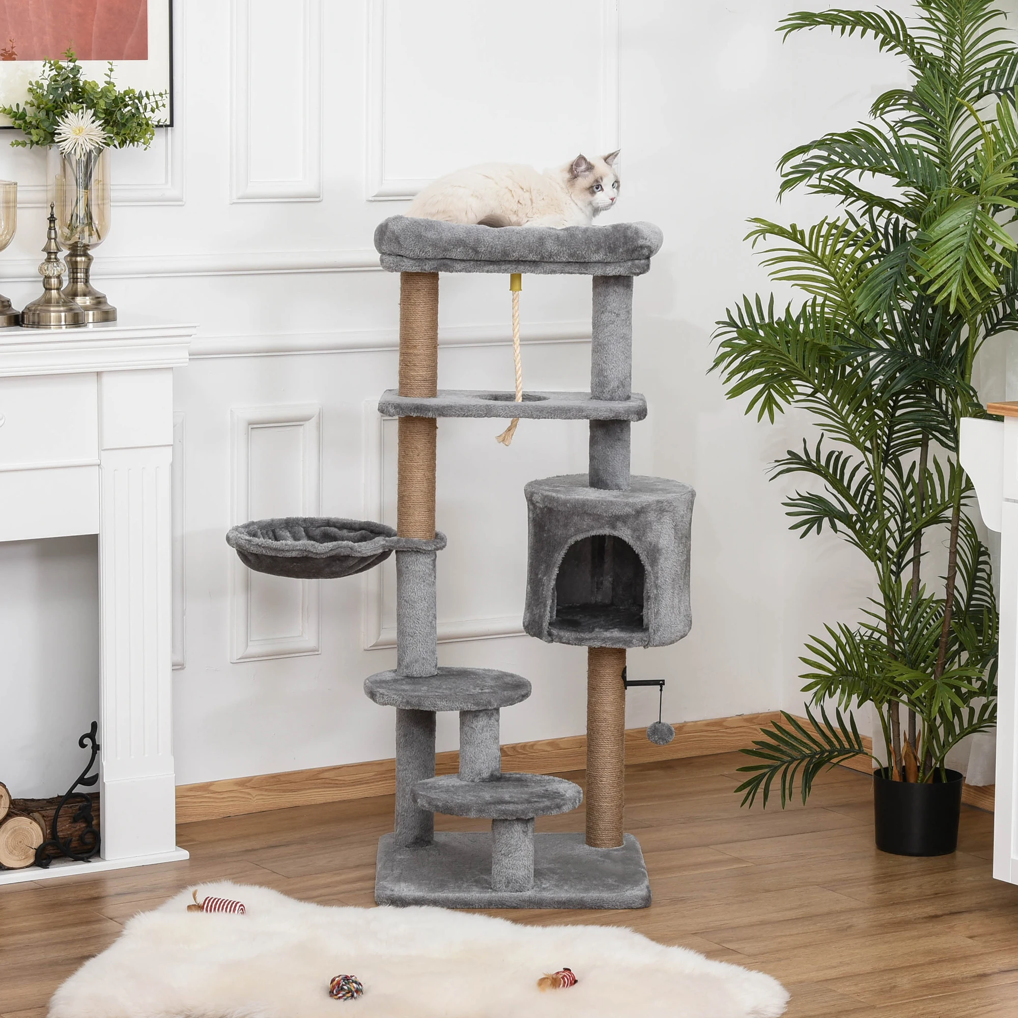 PawHut Árbol Rascador para Gatos Altura 120 cm Plataformas Cueva Hamaca Bola