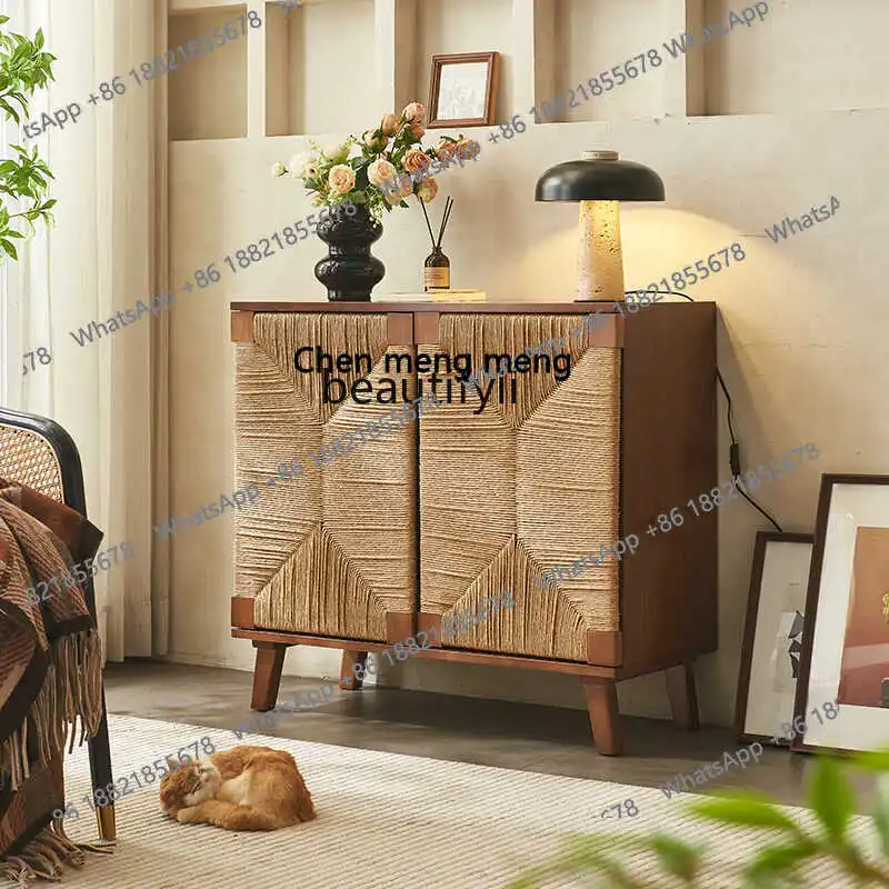 원목 라탄 다이닝 사이드 캐비닛 일본식 심플 수납장 거실 현관 선반 가정용 차 캐비닛 H