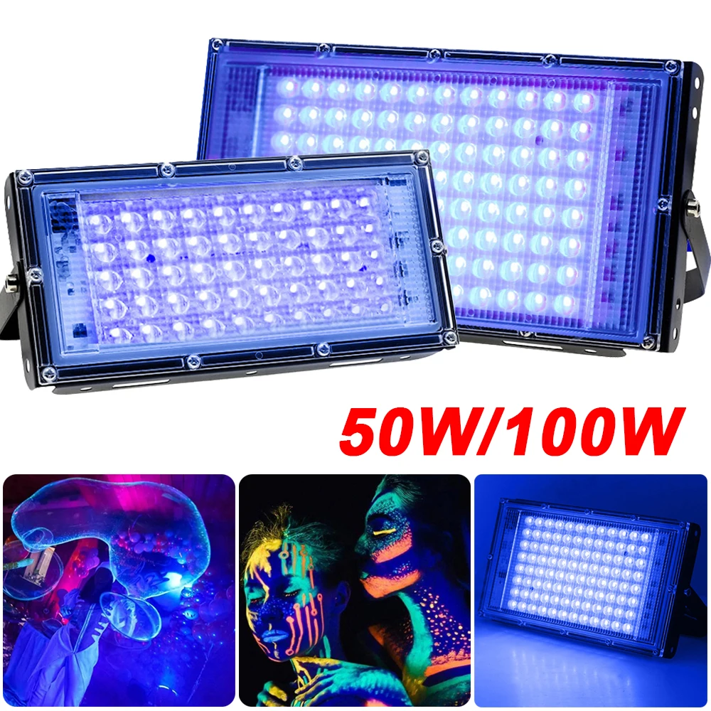 395nm-400nm LED UV Floodlight 50W 100W 110V Ultraviolet Fluorescent Stage Blacklight Lamps Waterproof Disco Party Neon Lights