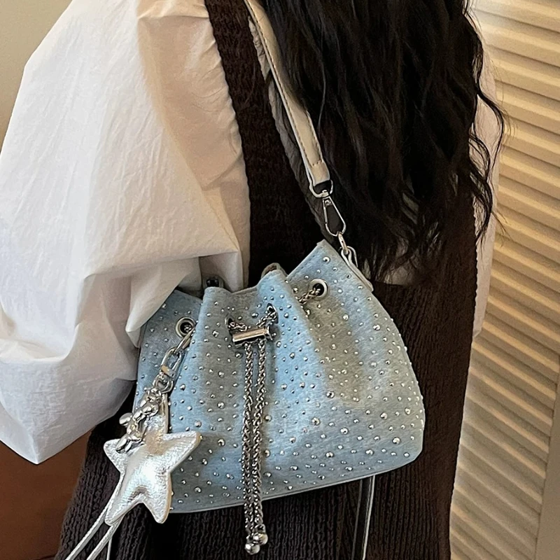 Luxury Bags Denim - 2026년 신상 여성용 체인 드로스트링 버킷백,