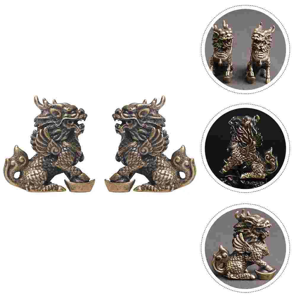 

2 Pcs Brass Unicorn Ornament Office Vintage Ornaments Trinkets Gaming Decor Auspicious Kylin Statues