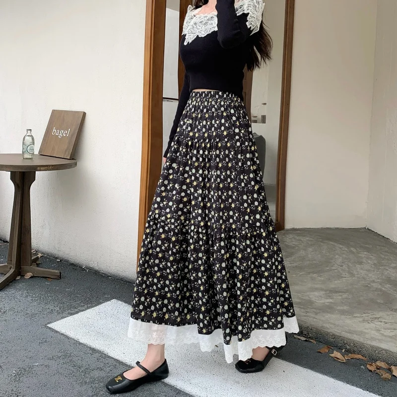 

Floral Skirt Women Long Korean Style Autumn High Street Casual Patchwork Fashionable Temperament Commuting Lace A Line Skirt