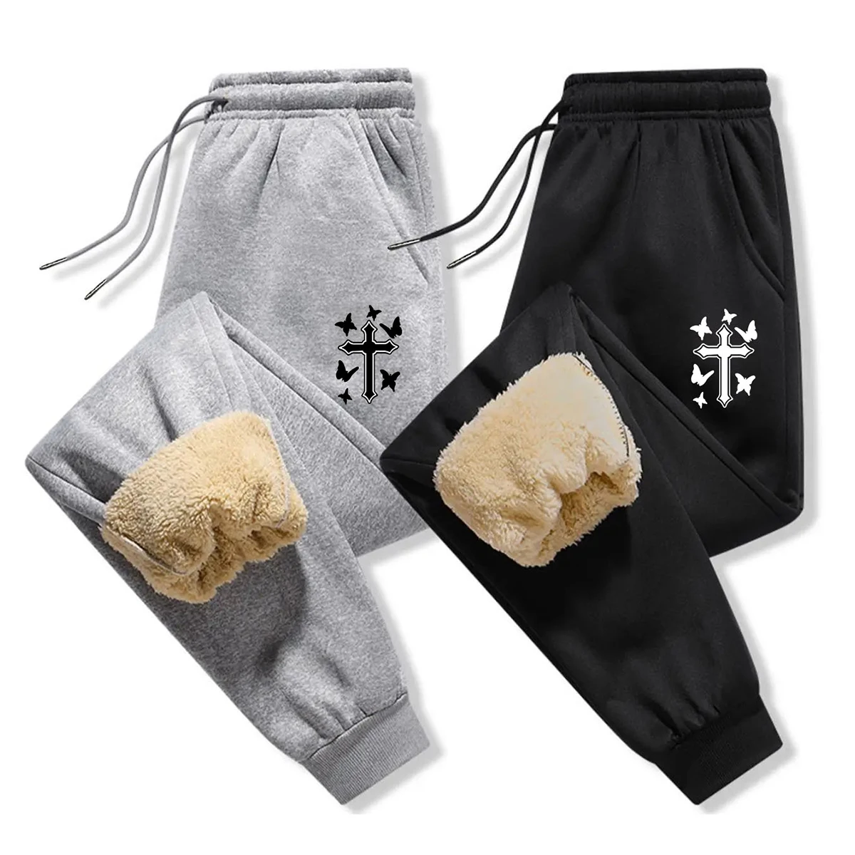 Paquete de 2 pantalones casuales negros y grises para hombre: forro polar cálido, diseño con cordón para ropa casual de invierno