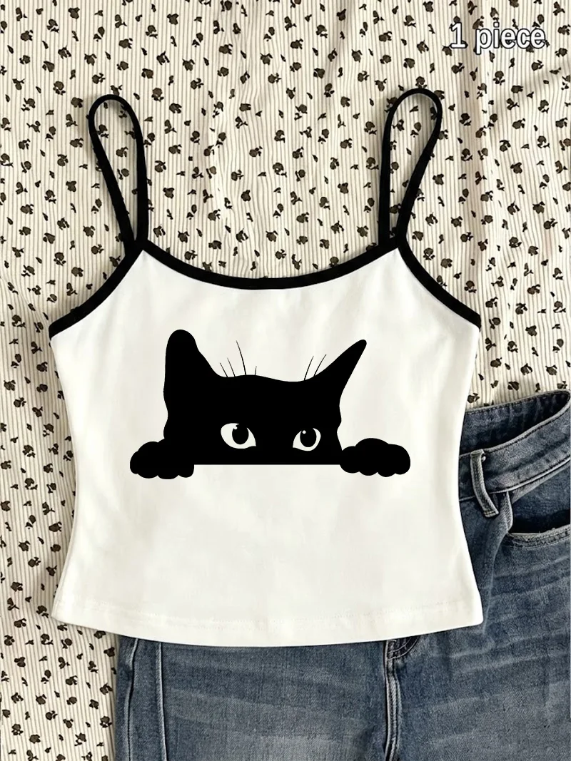 Streetwear Cat Print Camisole Top Y2k Style Women's Vest Graphic Crop Top 90s Shirt Tank Top Spring/Summer Clothes