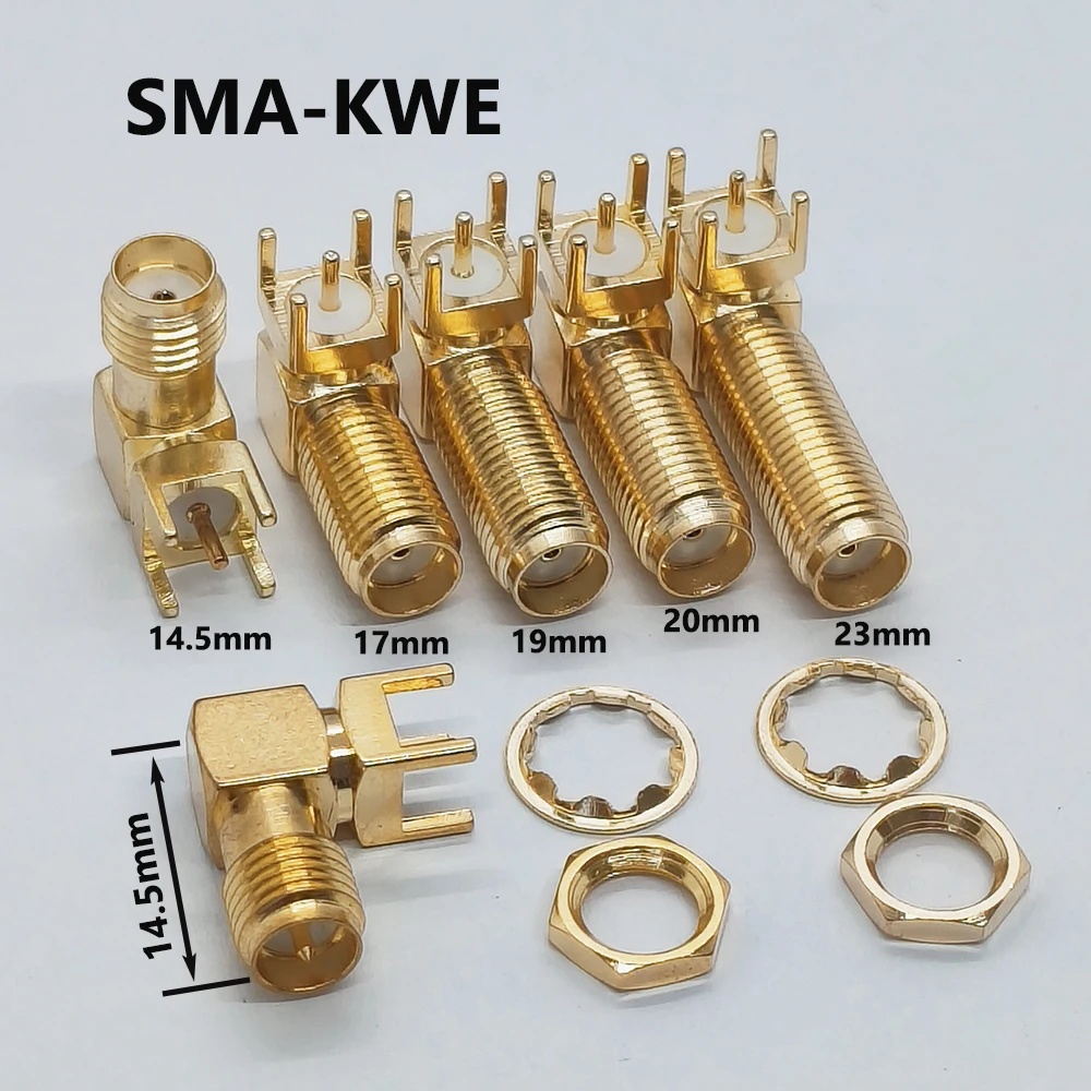 5 Stück SMA-KWE 90 ° Winkel-RF-Stecker SMA PCB-Montage, verlängertes Gewinde 14,5/17/19/20/23mm, vergoldeter Koaxial-Antennenanschluss – Detail 1