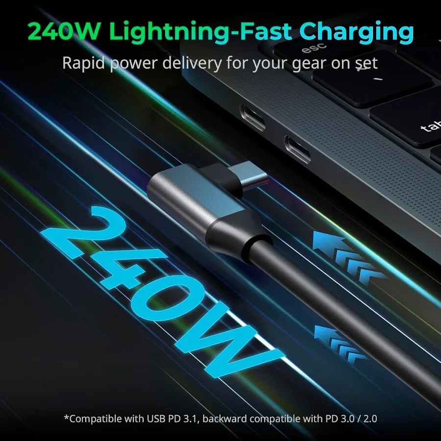 كابل USB4 40 جيجابت في الثانية USBC شحن سريع 240 وات وفيديو 8 كيلو @ 60 هرتز ونقل بيانات 40 جيجابت في الثانية 35 سم 13.8 بوصة موصلات مستقيمة إلى زاوية