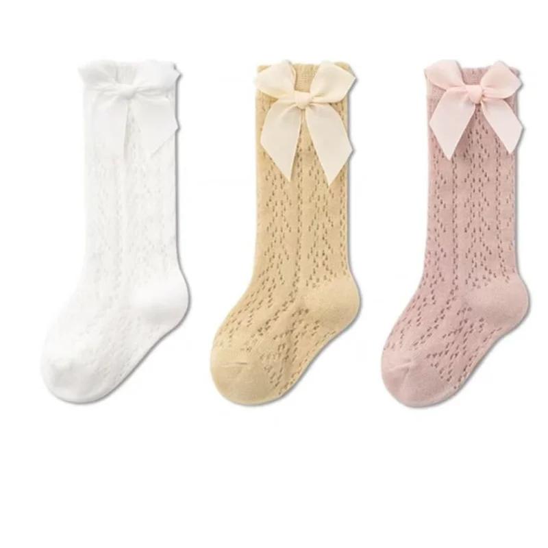 3Pair/lot New Large Bow Summer Thin Long Tube Girl Baby Socks