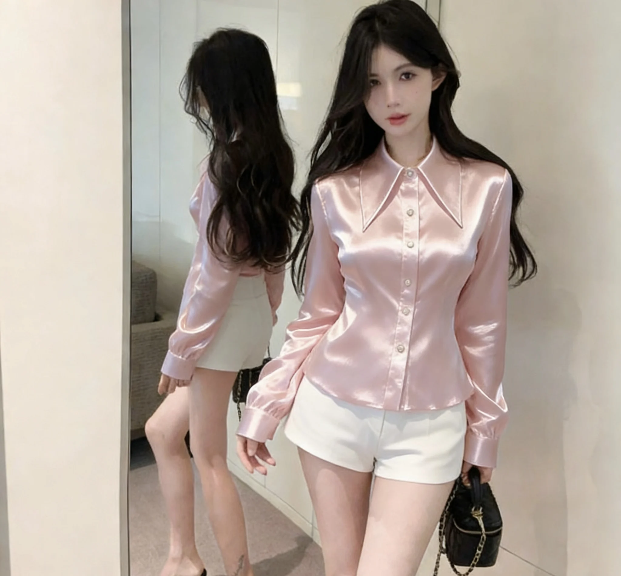 

Silk Long Sleeve Shirt Waist Cinched High End Top Professional Collar Women's Slim Fit Moisture Wicking Resistant to Def...