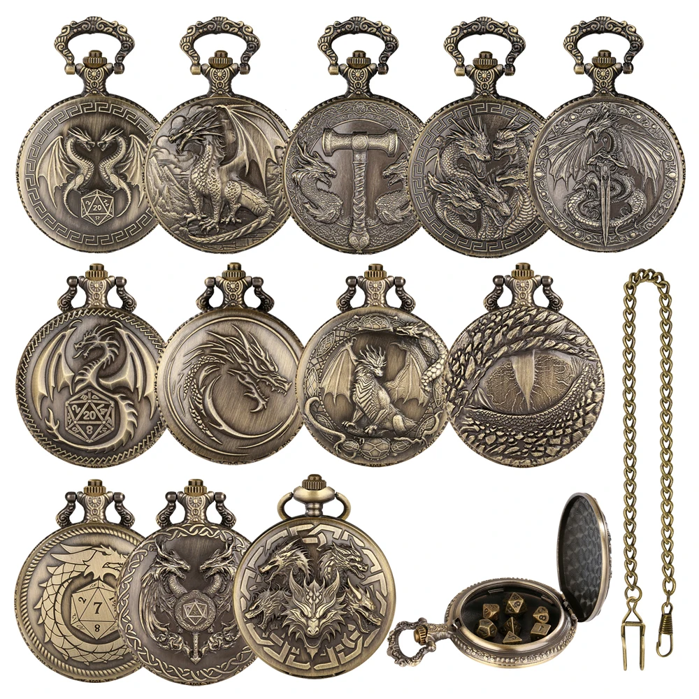 Vintage Steampunk Dragon Metal Pocket Watch Case Dice Sets with Pocket Chain 7pcs Mini Dices Retro Gift for Game Role Playing