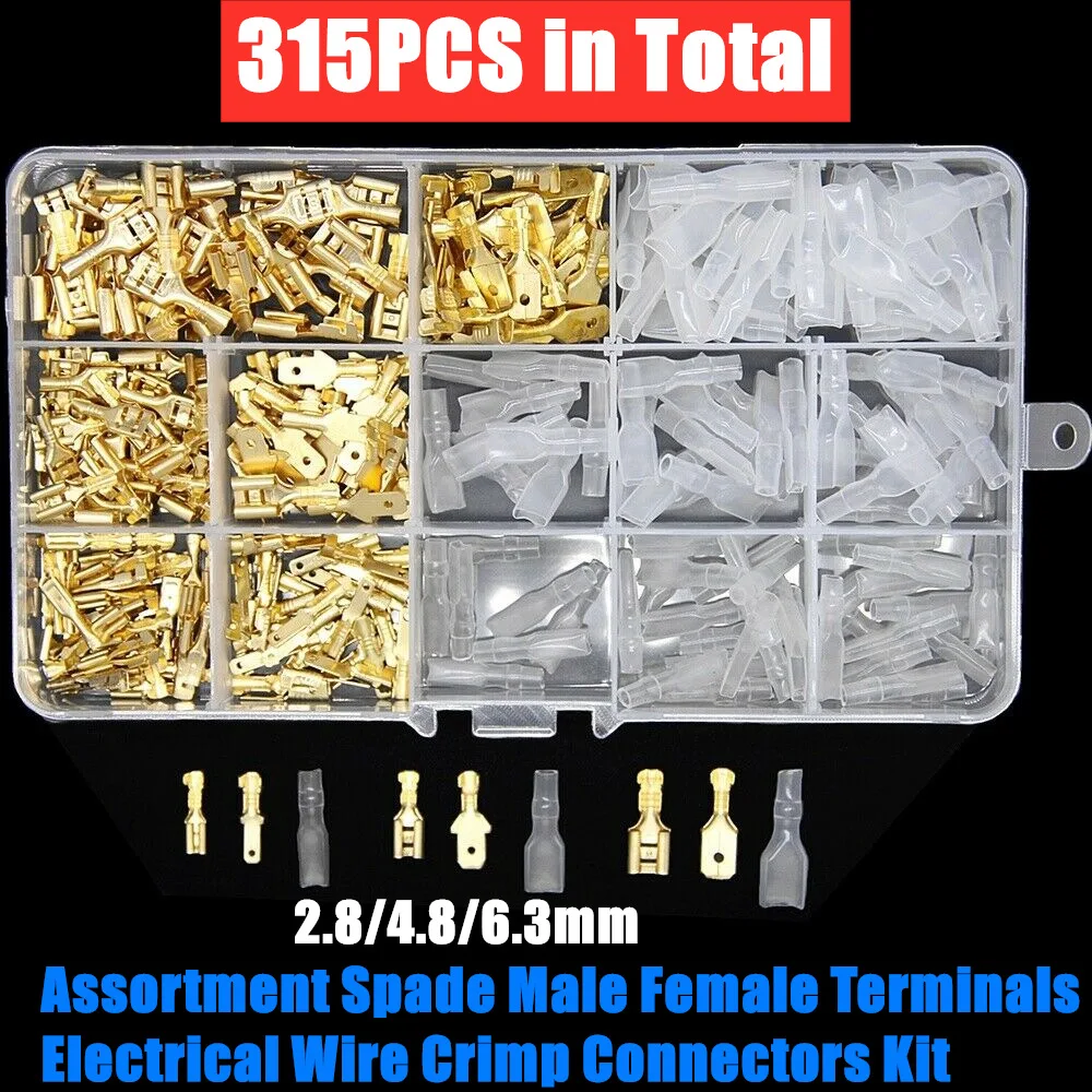 315pcs Wire Spade Connectors Terminal Block Quick Splice Male Female | Copper and Pvc Construction, Sorted Compartment Case