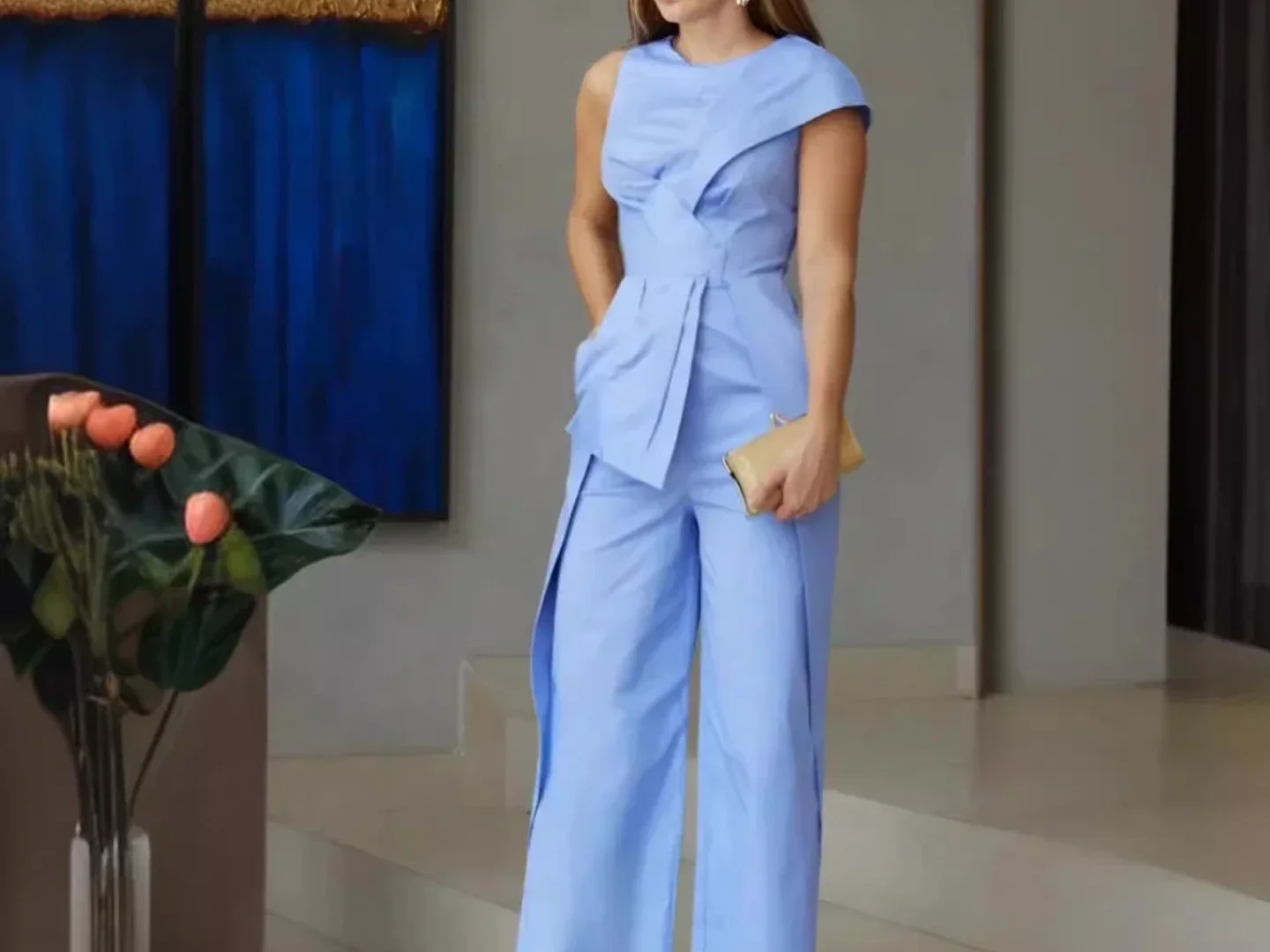 Jumpsuits Dames Eendelig Blauw Onregelmatigheid Elegante werkbroek Mouwloze overalls Wijde pijpen Lange broek Rompertjes Slim Fit Casual