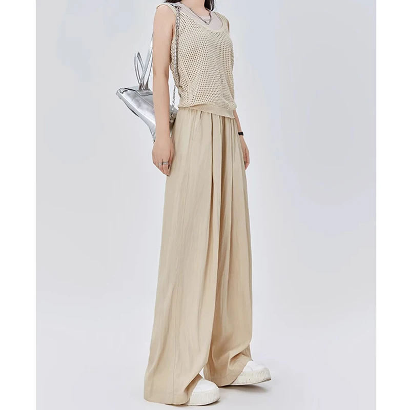 Pantaloni classici da donna a gamba dritta quotidiana Pantaloni larghi da ragazza in seta di ghiaccio solida Pantaloni comodi a vita alta alla moda da donna