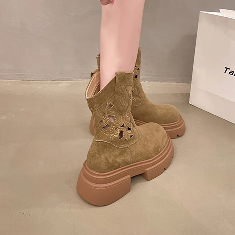 2024 New Cow Suede Leather Western Mid Calf Boots Women Round Toe Block Heels Autumn Winter Ankle Boots Ladies Shoes D102