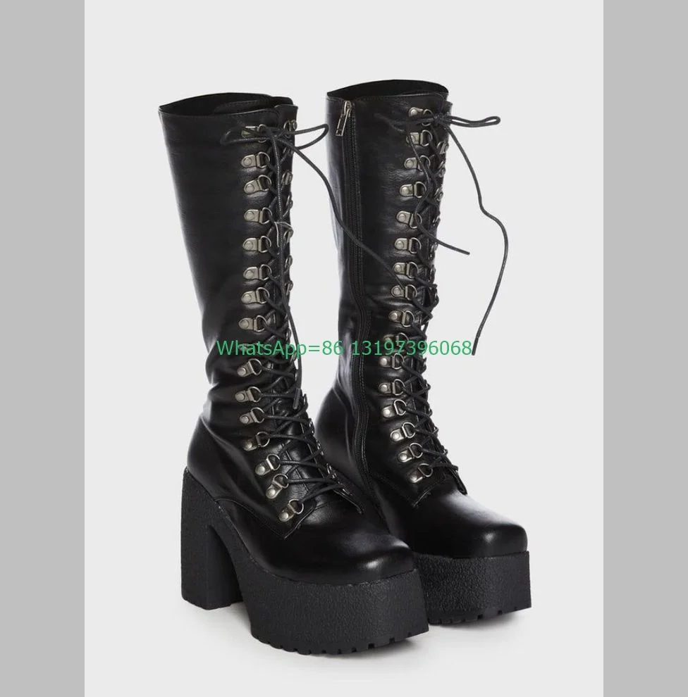 Lady Punk Style Platform Y2K Knee Boots Chunky Heel Lace-Up Zipper Footwear Size 35-46 Gothic Style Black Pu Daily Runway Boots