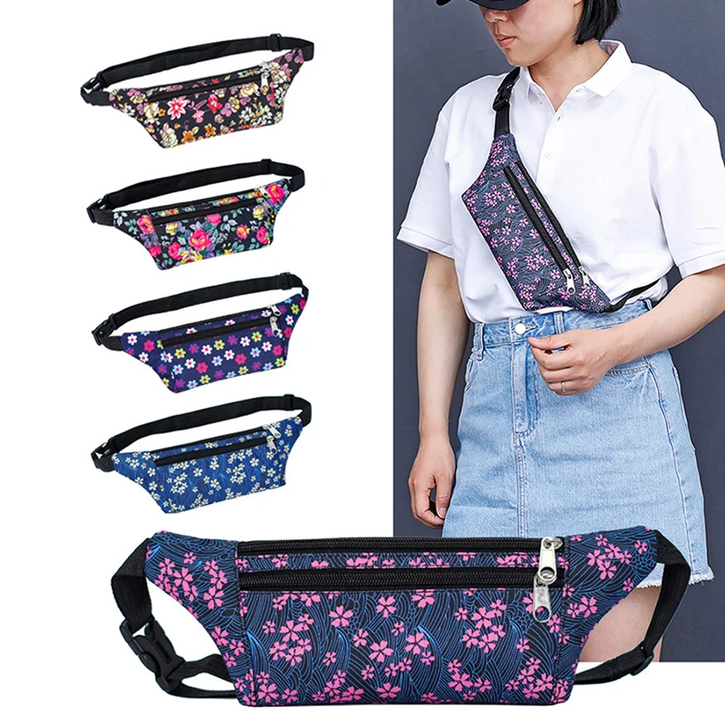 Women Men's Multifunctional Fanny Bag Adjustable Oxford Fabric Floral Print Fanny Bag Crossbody Bag for Outdoor Camping Running