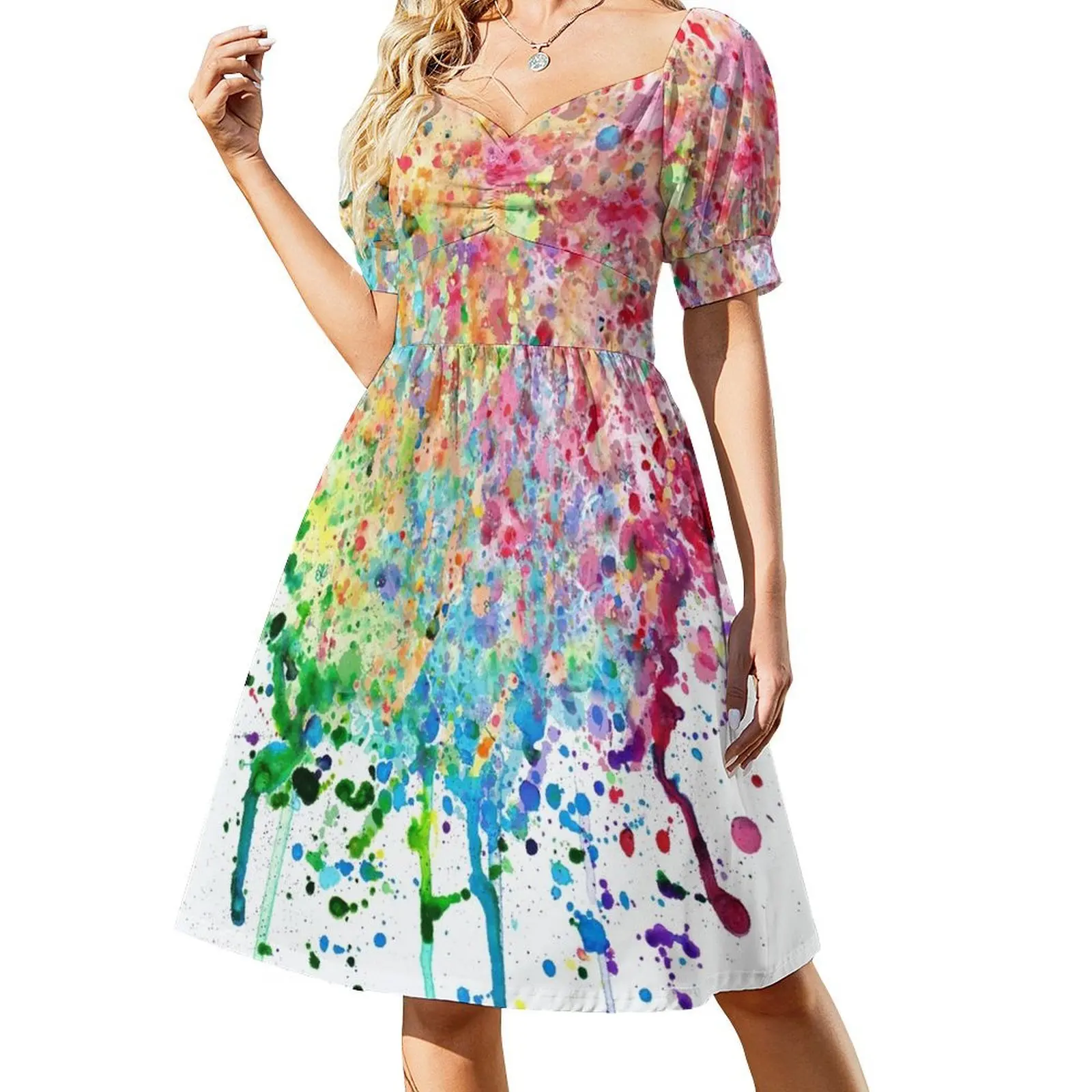 Rainbow Paint Splatter Drip Short Sleeved Dress dresses summer dress Women's clothing Evening gown Dress