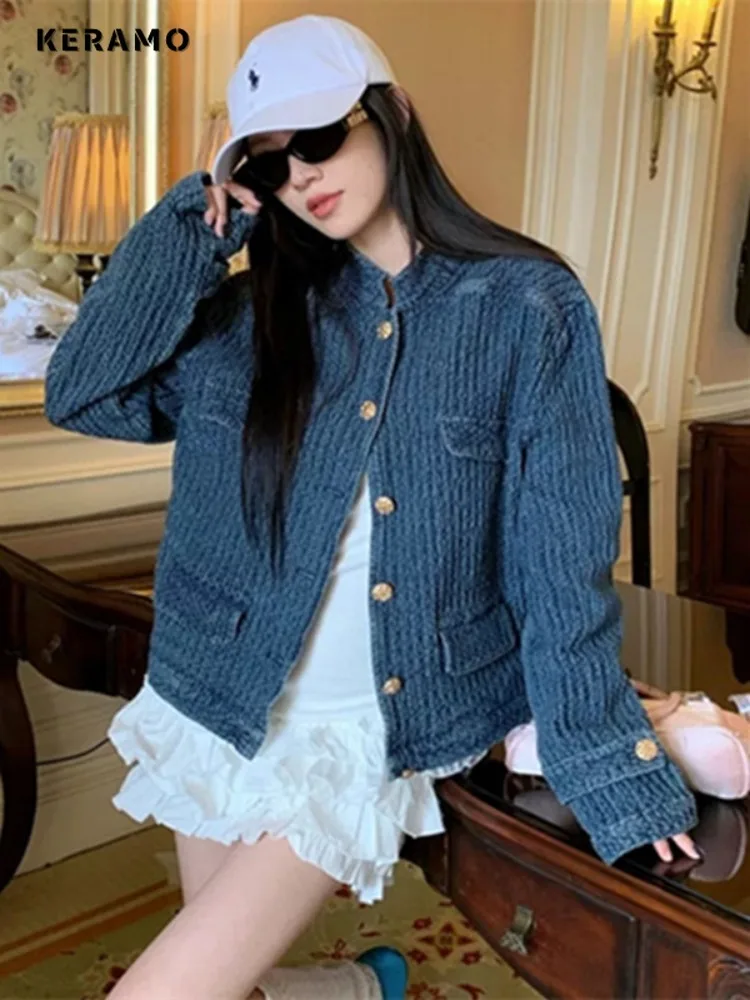 

2025 зимняя однобортная однотонная куртка в корейском стиле с отложным воротником для женщин, верхняя одежда, повседневное модное синее джинсовое пальто