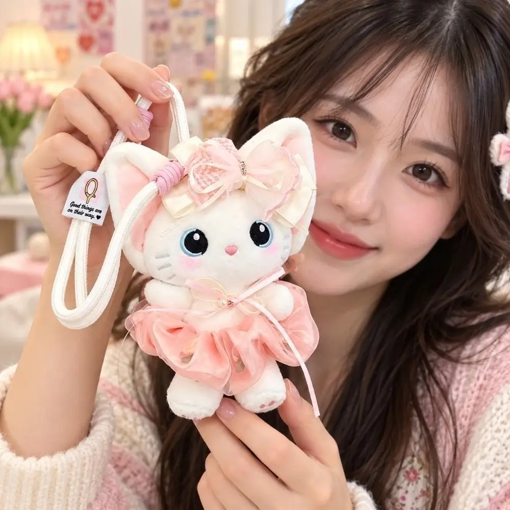 Lace Bowknot Plush Cat Keychain Soft Candy Color Dressed Kitten Pendant Stuffed Knitted Outfit Sweet Bag Accessory School Girls