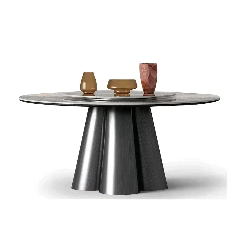 

Bright rock slab dining table round table with turntable luxury stone full support high-end rock slab round table
