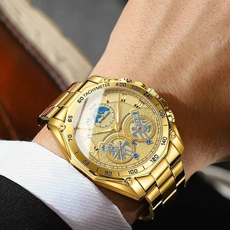 BINBOND лучший бренд класса люкс для мужчин креативные модные кварцевые часы из нержавеющей стали мужские повседневные деловые наручные часы B4833