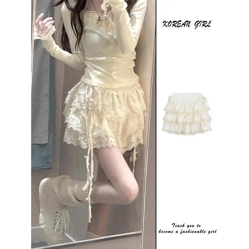 Sweet Design Sensual Lace Cake Skirt Women's Spring Autumn New Style High Waist Polyester Fiber Bouncy Cream Half-length Shor...