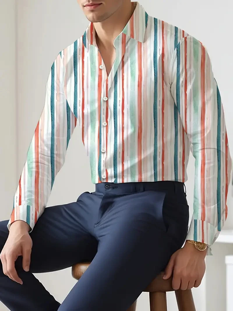 Camisa básica de manga comprida Vertical Stripe, estilo de negócios e escritório, Single Breasted, preguiçoso, pendulares, MB12