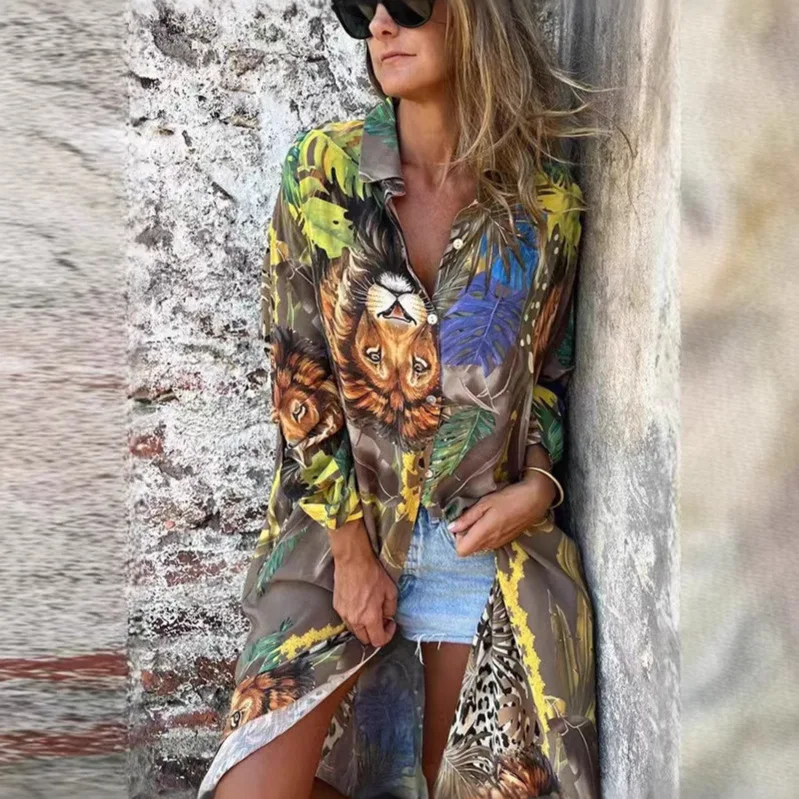 

Casual Printed Shirts Fashion Lapels Button Shirts Extra Long Shirt Spring New Long Sleeved Split Top Commuting Women's Clothing