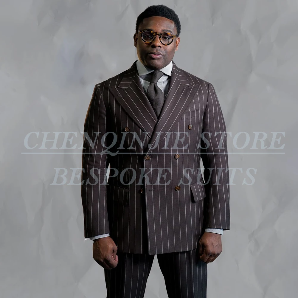 

Customzied Stripe Men's Suits Fashion Double Breasted Peak Lapel Skinny 2 Piece Jacket Pants Full Sets High Quality Blazer
